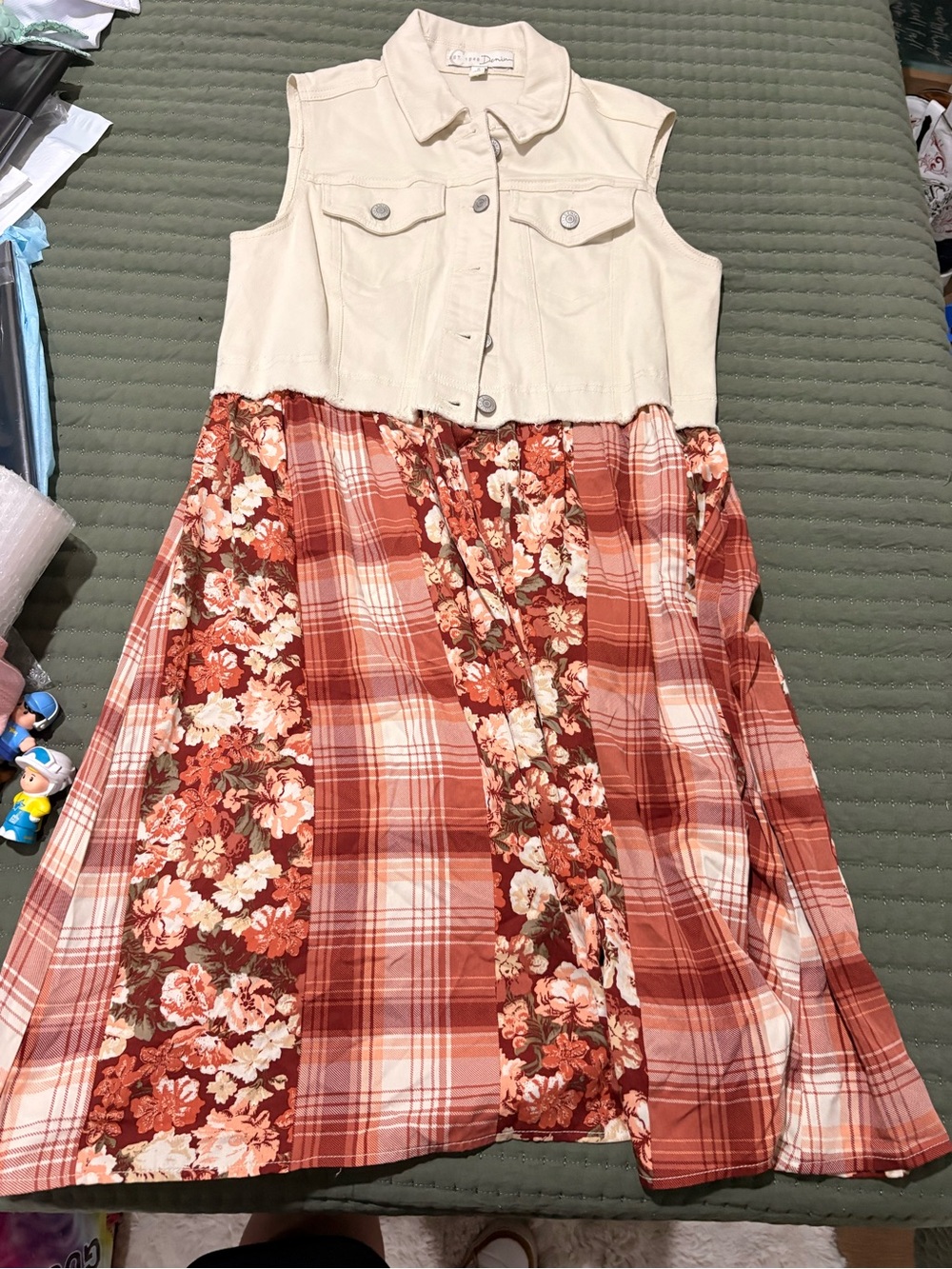 Cream Denim Vest Dress with Rust Plaid & Floral Skirt